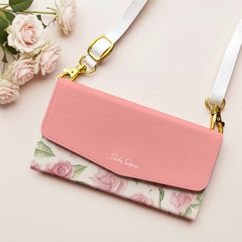 ピンクローズの三つ折り手帳型スマホケース　全機種対応 スマホケース iphone Android バラ