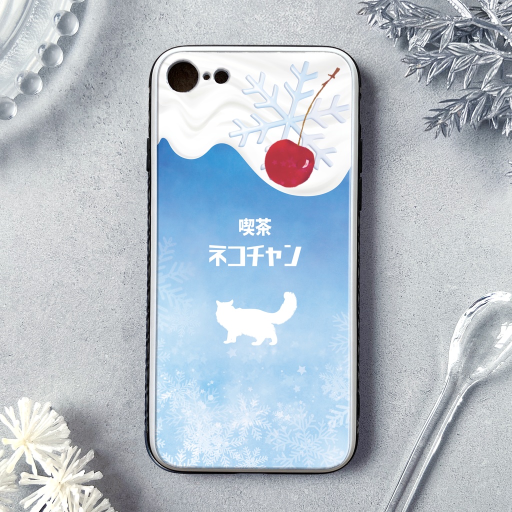 雪猫クリームソーダのスマホケース(強化ガラス) iphone16e iphone17 カバー メンズ クリスマス