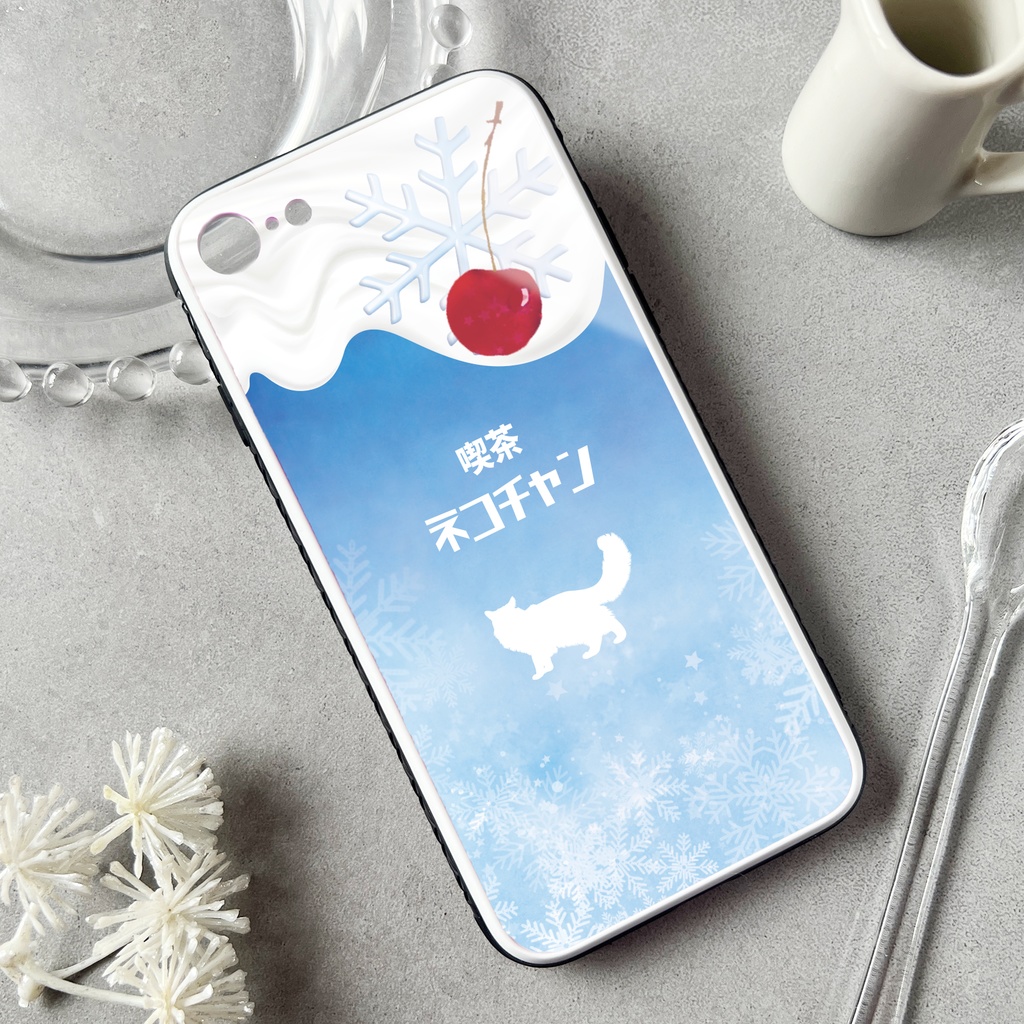 雪猫クリームソーダのスマホケース(強化ガラス) iphone16e iphone17 カバー メンズ クリスマス