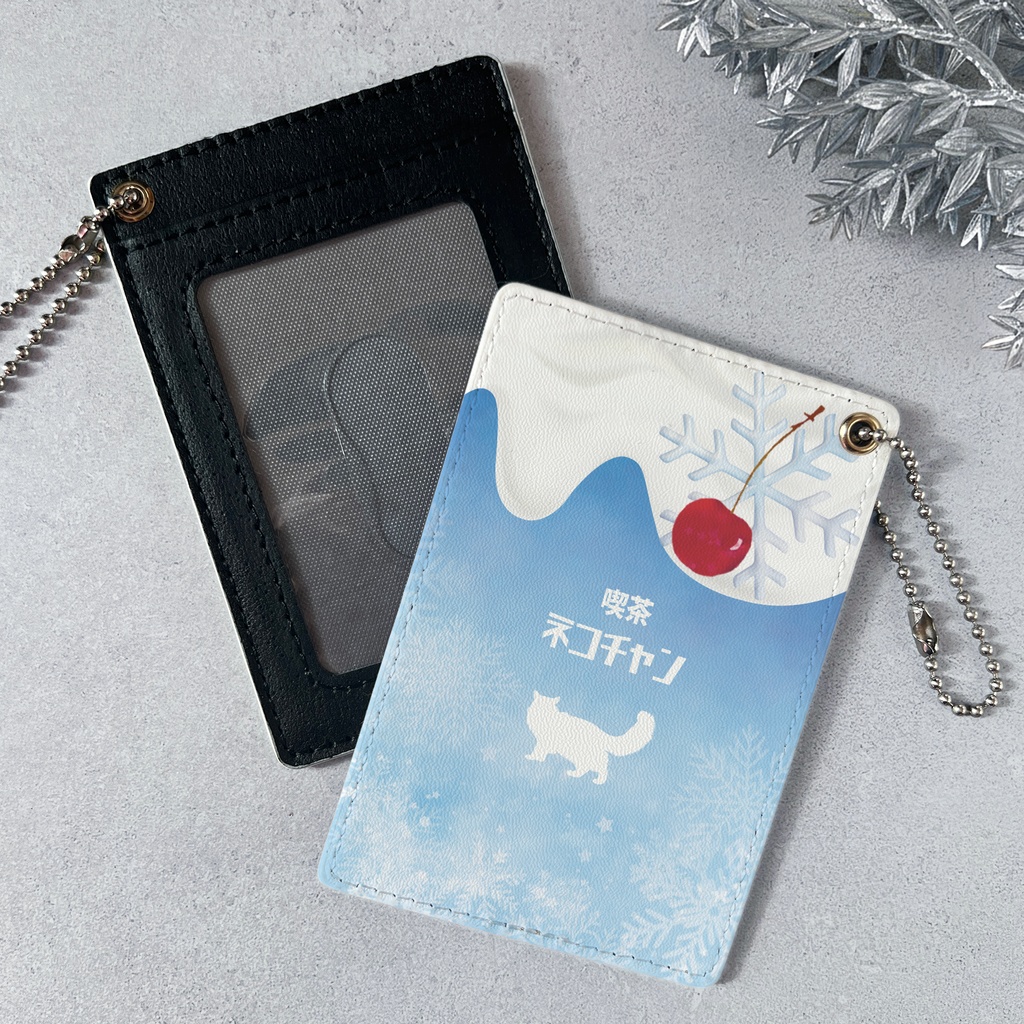 雪猫クリームソーダのパスケース 名入れ 記念日 ギフト クリスマス 定期入れ カードケース 長毛猫