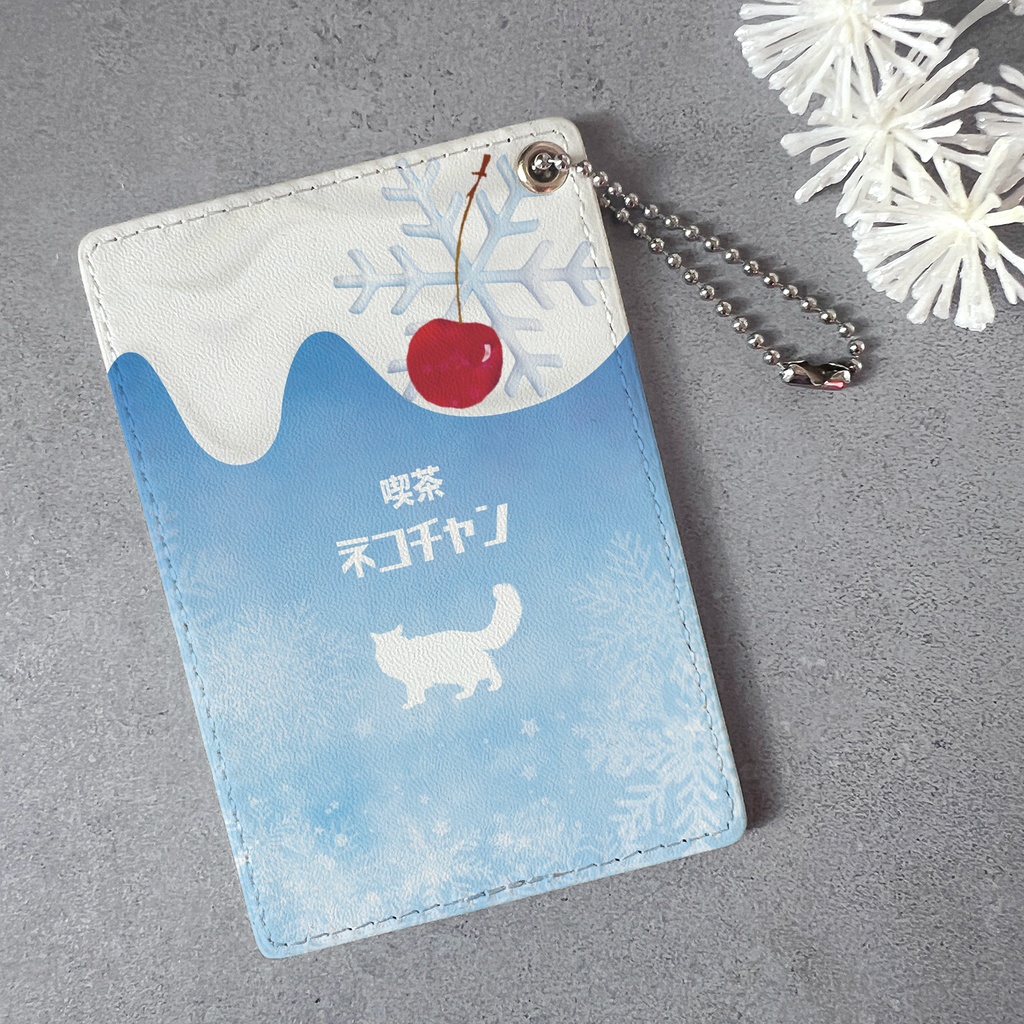 雪猫クリームソーダのパスケース 名入れ 記念日 ギフト クリスマス 定期入れ カードケース 長毛猫