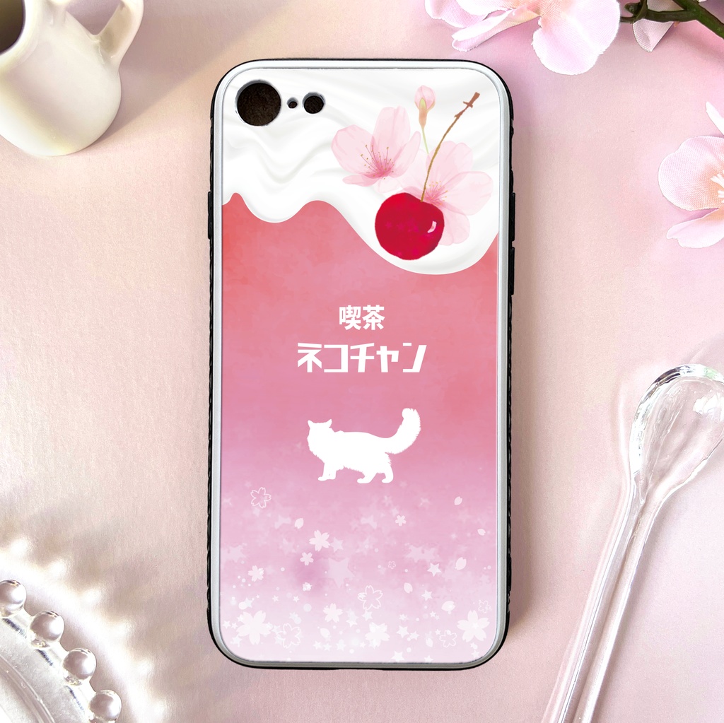 桜にゃんことクリームソーダのスマホケース(強化ガラス) iphone16e iphone17 カバー 春 猫