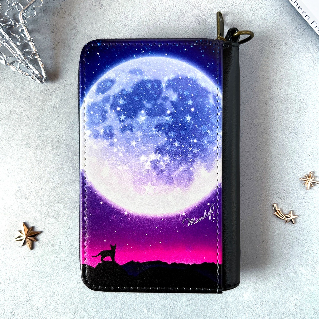 満月とねこのコインケース(ブルー) 猫 黒猫 コインケース