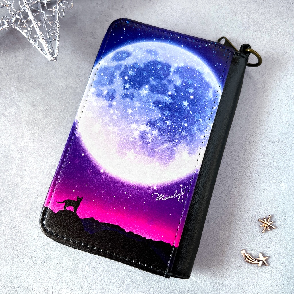 満月とねこのコインケース(ブルー) 猫 黒猫 コインケース