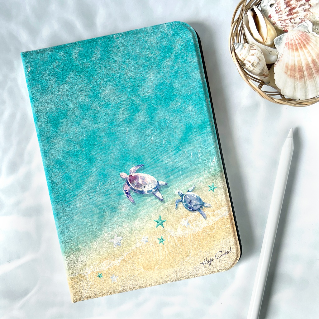 グアム白波とウミガメのiPadケース タブレットケース 父の日 敬老の日 誕生日 カメ 海