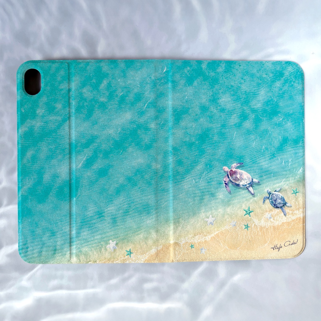 グアム白波とウミガメのiPadケース タブレットケース 父の日 敬老の日 誕生日 カメ 海