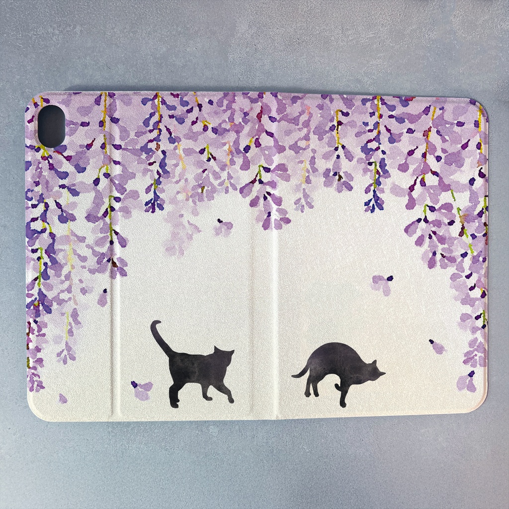 黒猫と藤のiPadケース(藤紫) 花 タブレットケース 母の日 敬老の日 誕生日