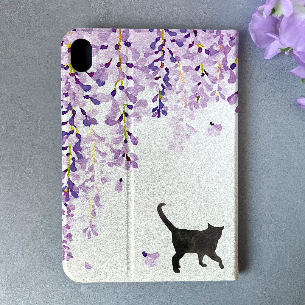 黒猫と藤のiPadケース(藤紫) 花 タブレットケース 母の日 敬老の日 誕生日
