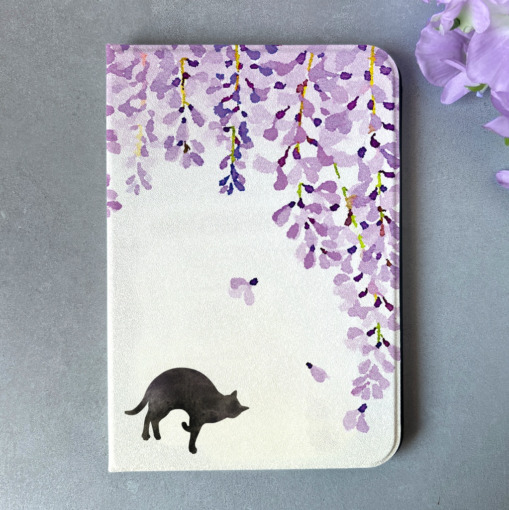 黒猫と藤のiPadケース(藤紫) 花 タブレットケース 母の日 敬老の日 誕生日
