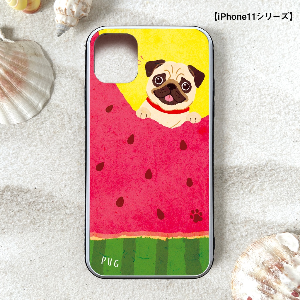 スイカが食べたいパグのガラススマホケース iPhone16e iphone17e 犬 パグ air カバー