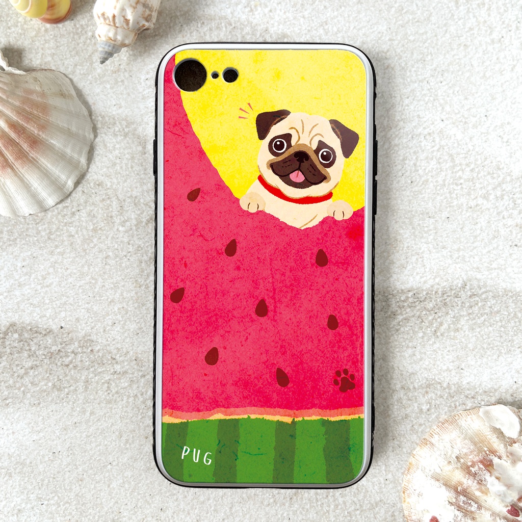 スイカが食べたいパグのガラススマホケース iPhone16e iphone17e 犬 パグ air カバー