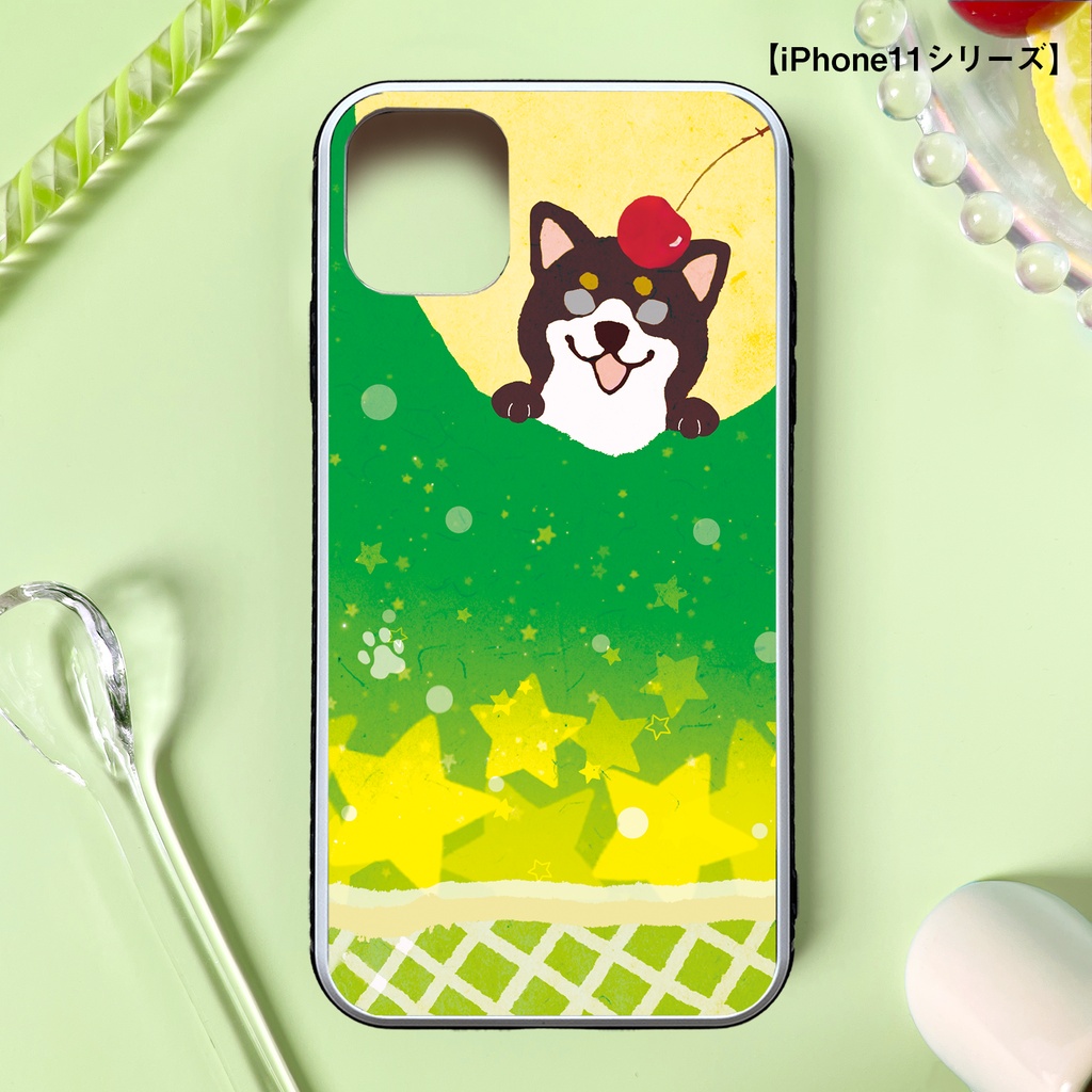 不思議なメロンソーダと柴ちゃんのスマホケース(黒柴/強化ガラス) iphone16e iphone17e カバー