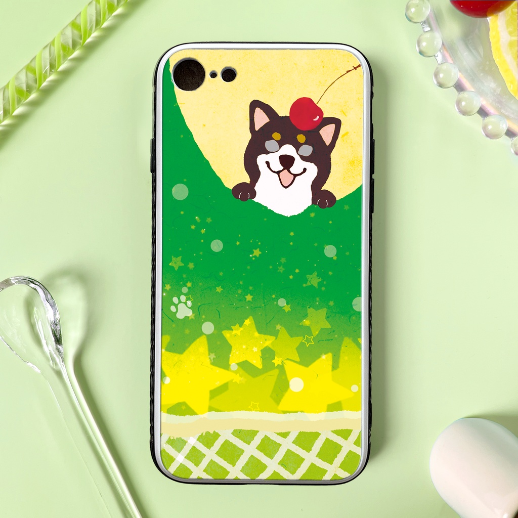 不思議なメロンソーダと柴ちゃんのスマホケース（黒柴/強化ガラス） iphone16e iphone17e カバー
