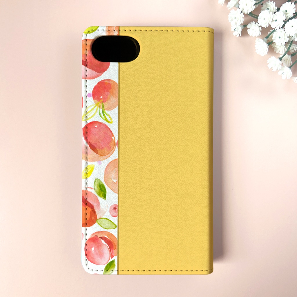 フレッシュピーチの手帳型スマホケース(ピーチイエロー)桃 iphone16e iphone17 他
