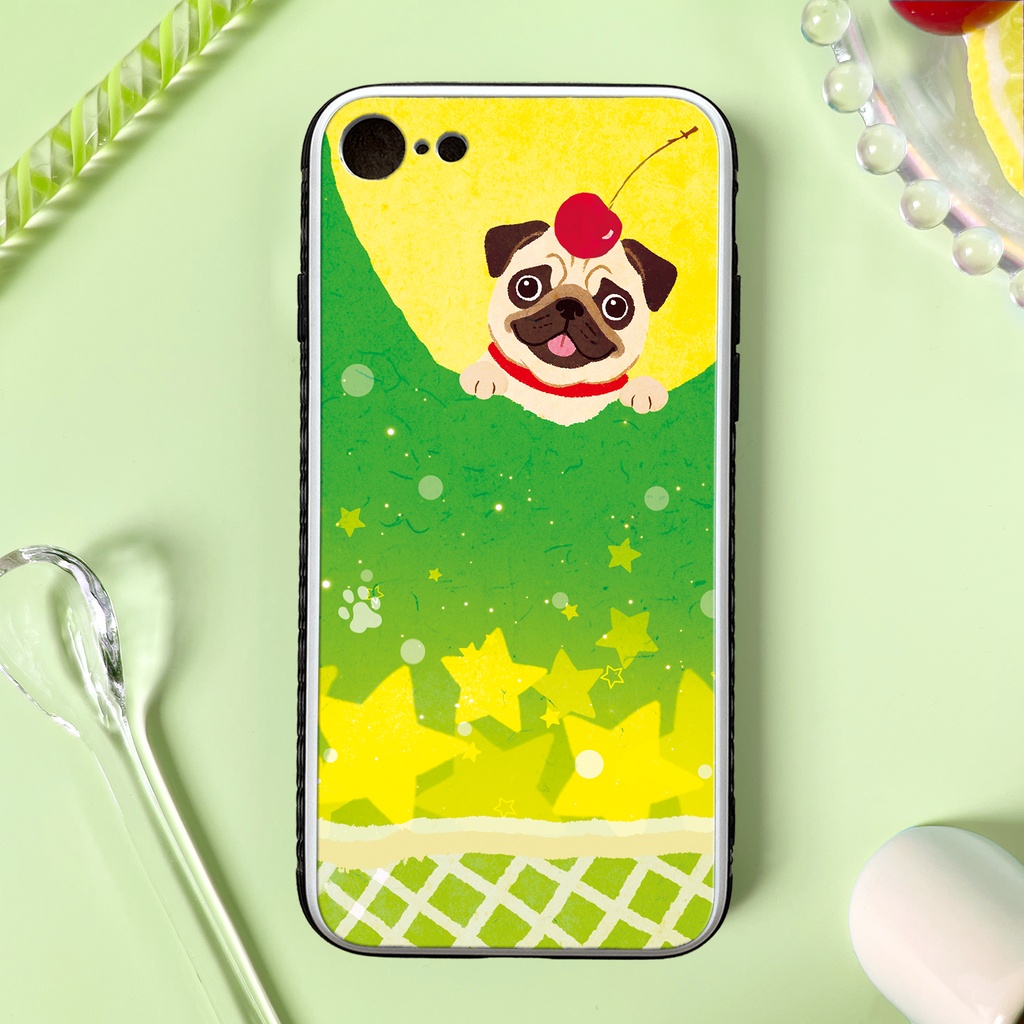 不思議なメロンソーダとパグのスマホケース（強化ガラス） iphone16e iphone17e カバー 犬