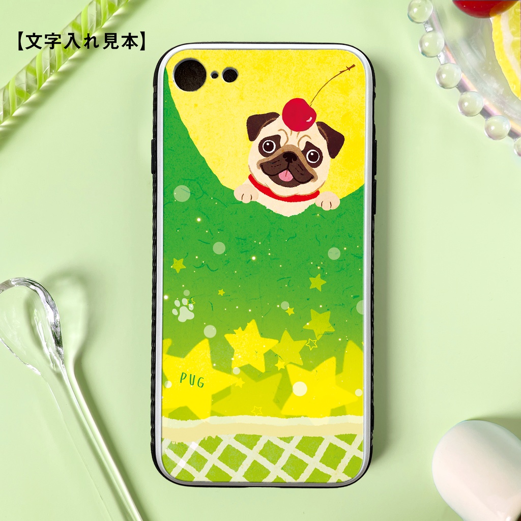 不思議なメロンソーダとパグのスマホケース(強化ガラス) iphone16e iphone17e カバー 犬