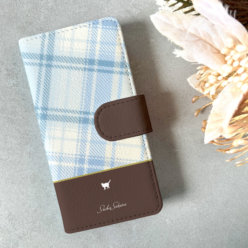 猫とマドラスチェックの手帳型スマホケース（水色×ブラウン） カバー iphone16e iphone17e 猫