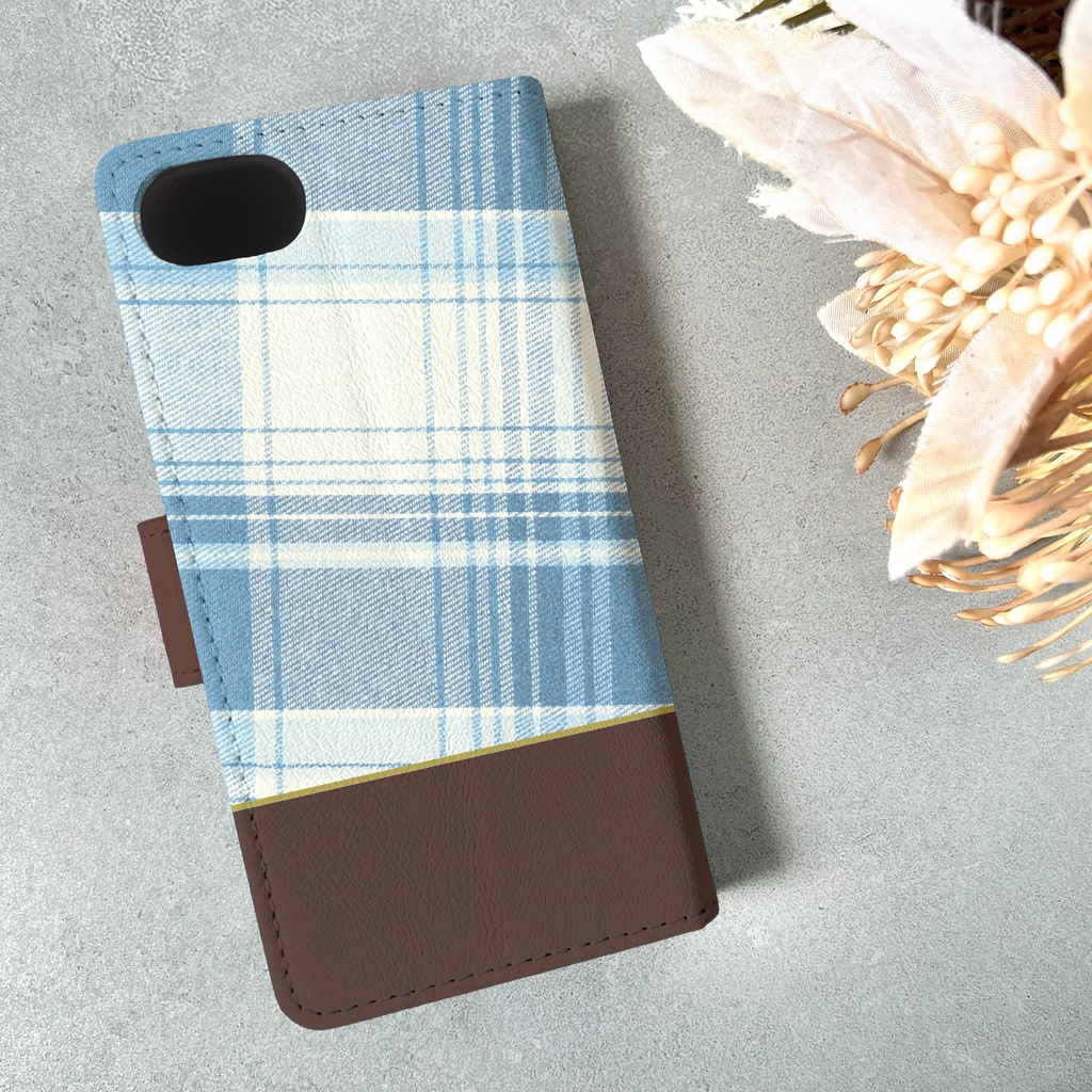 猫とタータンの手帳型スマホケース(水色×ブラウン) カバー iphone16e iphone17e 猫