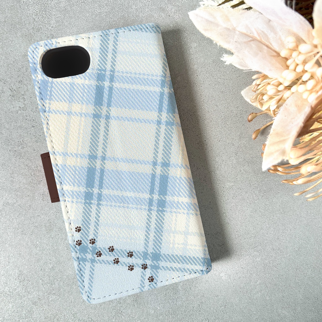 猫とマドラスチェックの手帳型スマホケース(シュガーブルー) カバー iphone16e iphone17e 猫