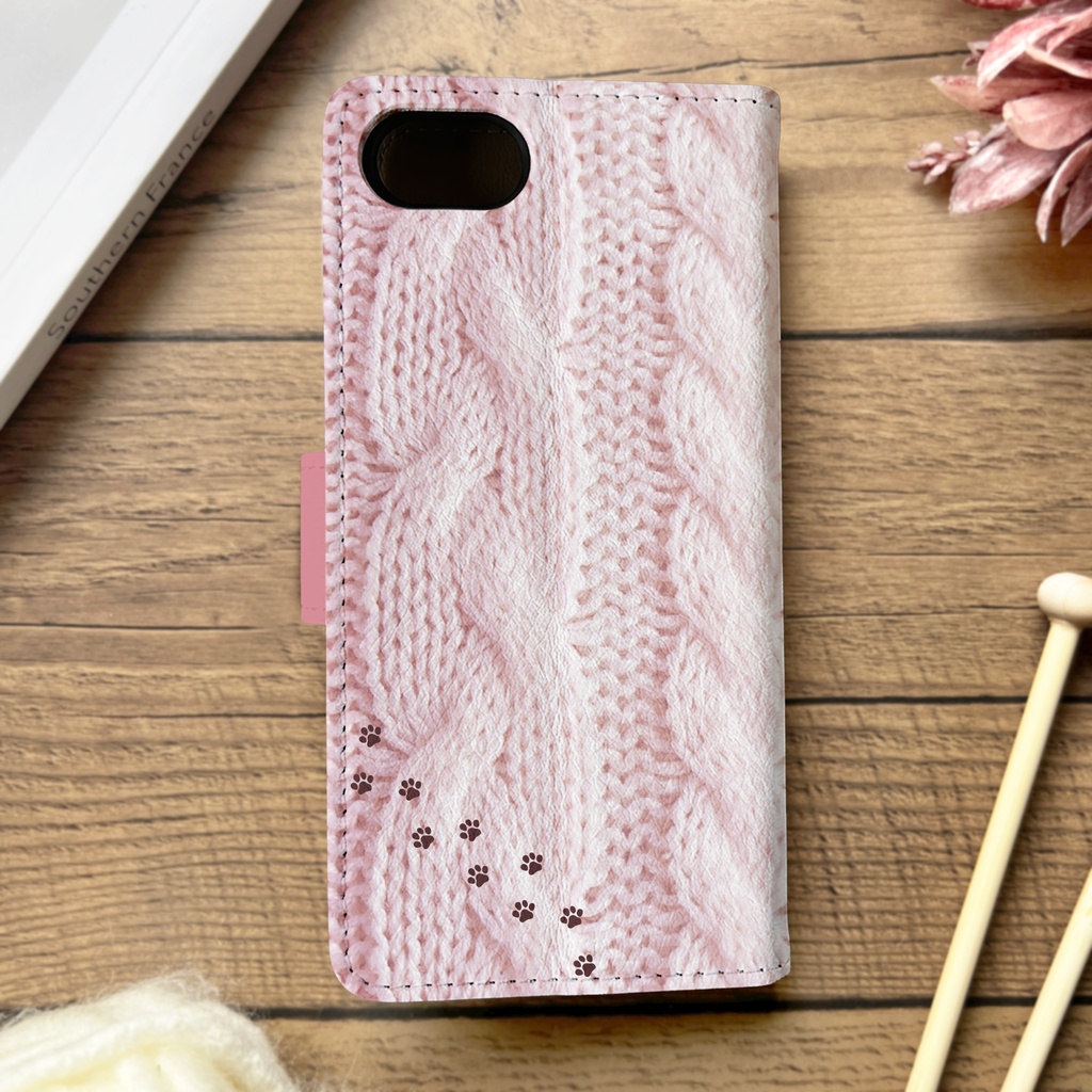 にゃんこアランニットの手帳型スマホケース(長毛×サクラピンク) iphone18pro iphone17e クリスマス