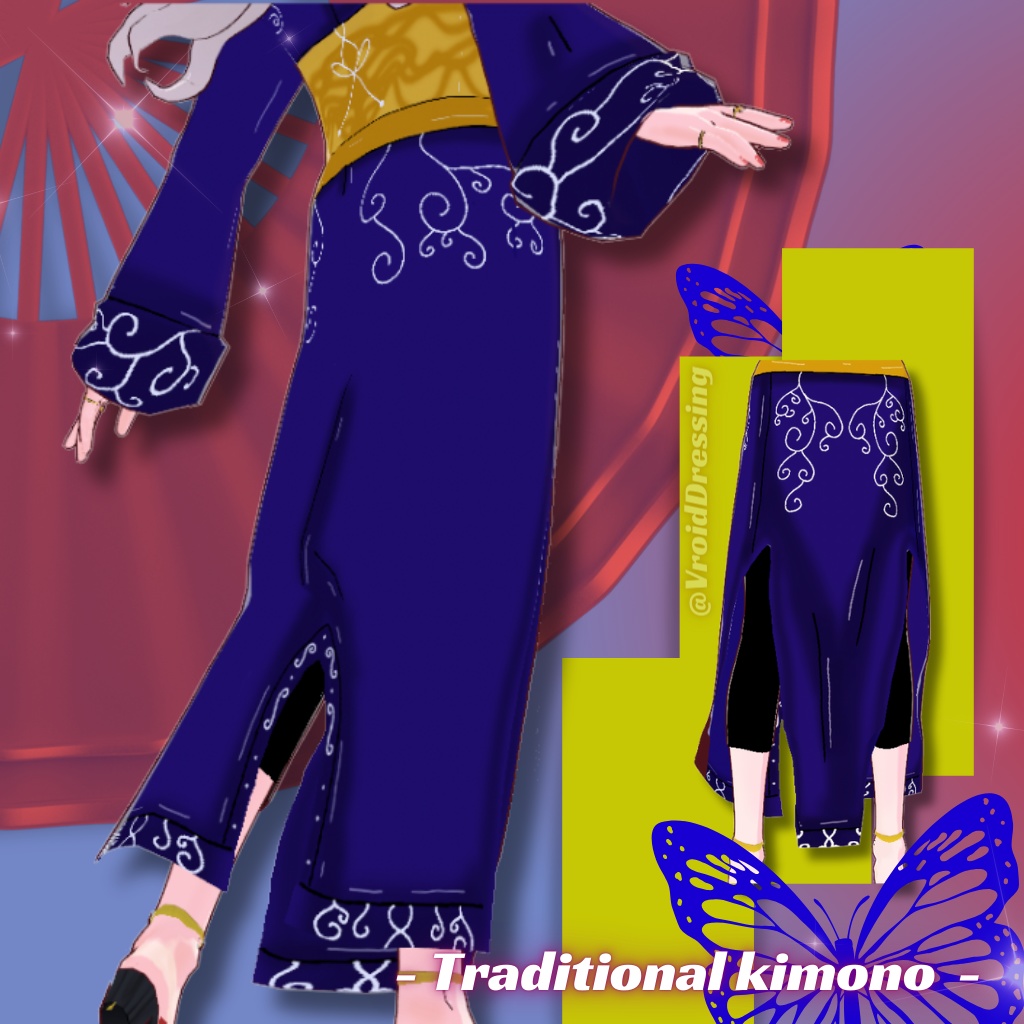 Vroid blue traditional kimono with arabesque patterns
