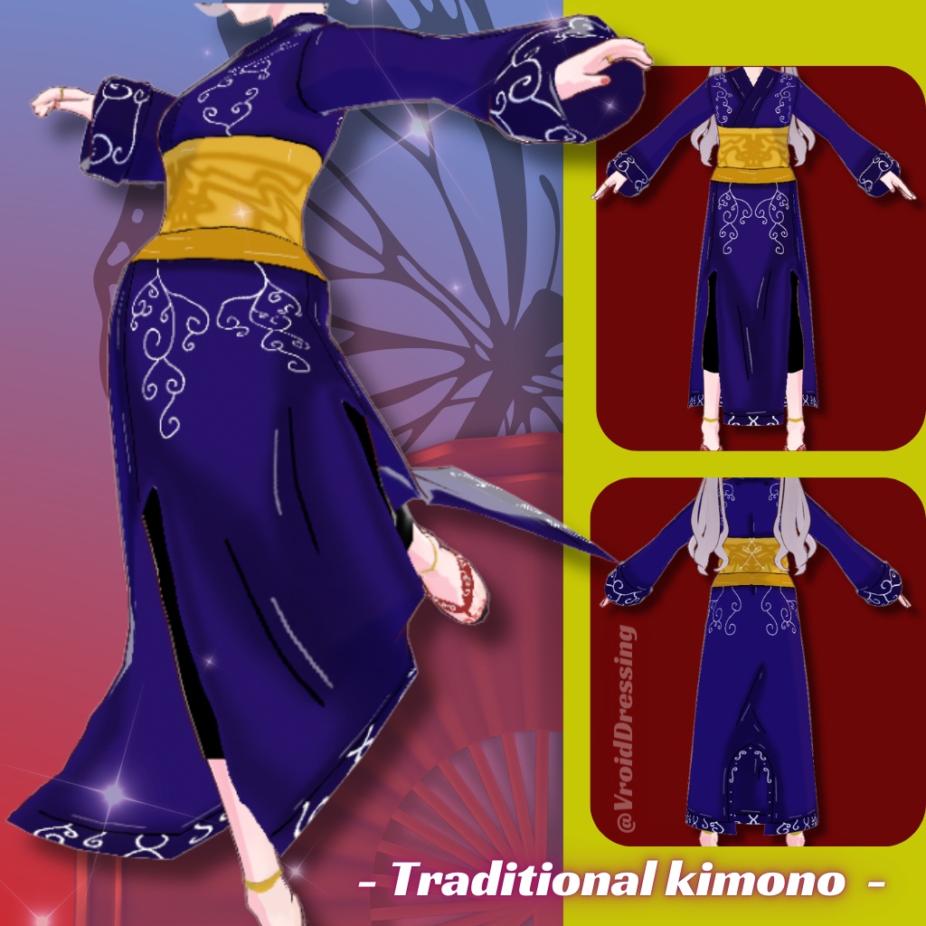 Vroid blue traditional kimono with arabesque patterns