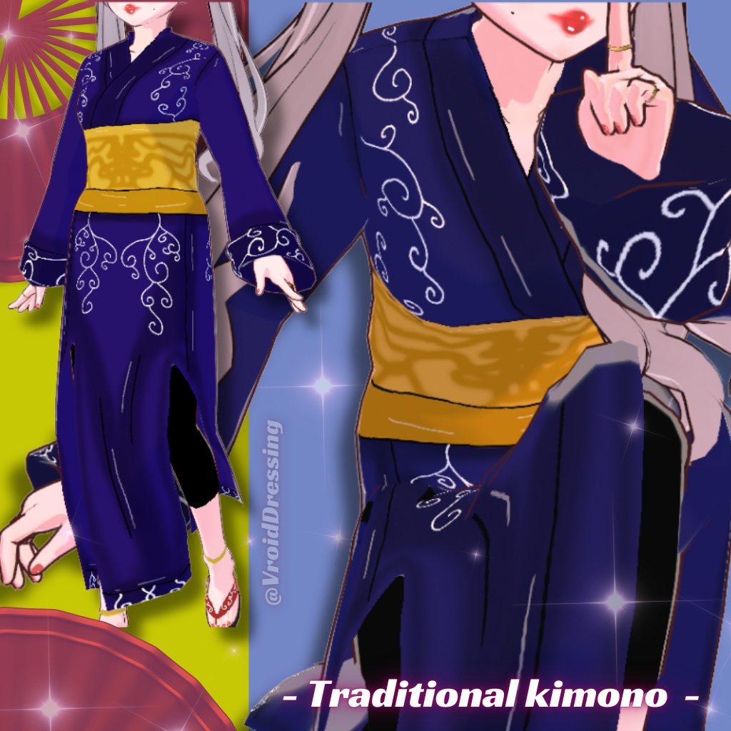 Vroid blue traditional kimono with arabesque patterns