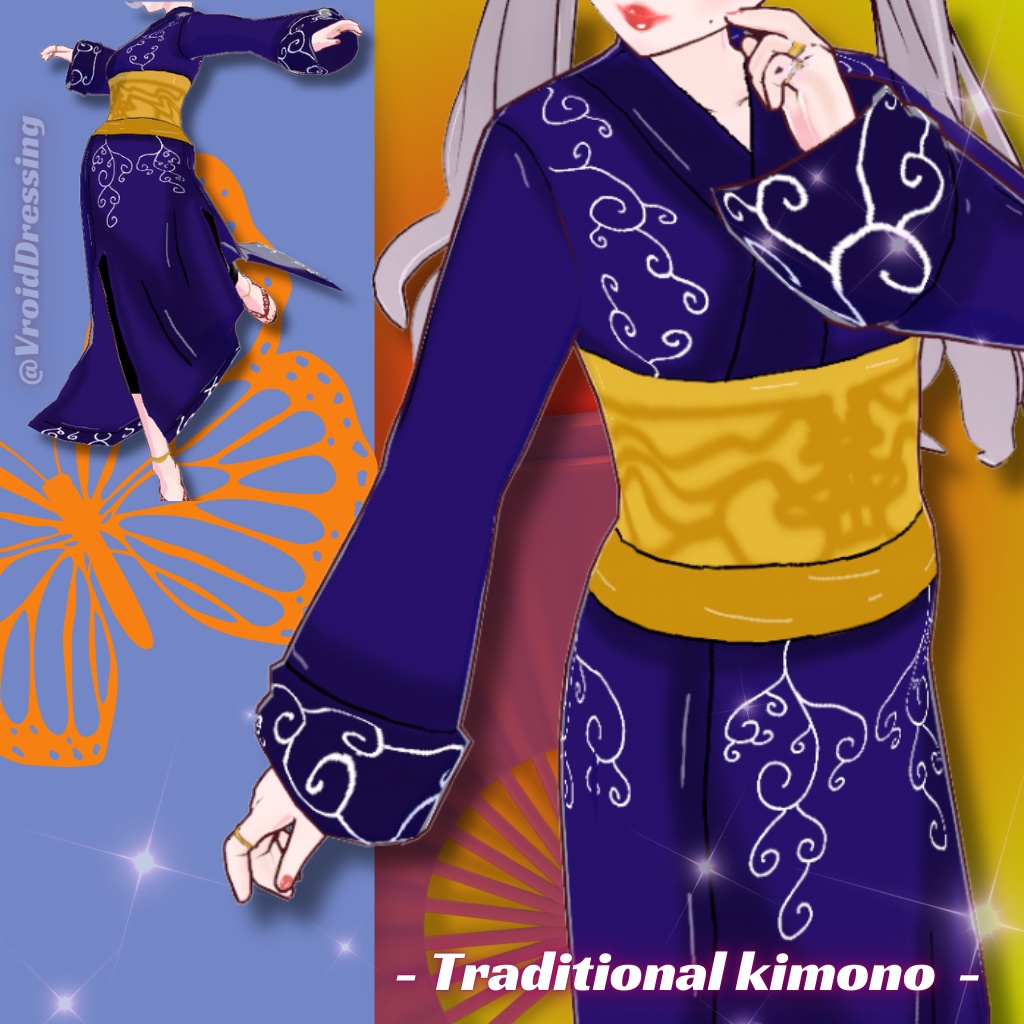 Vroid blue traditional kimono with arabesque patterns
