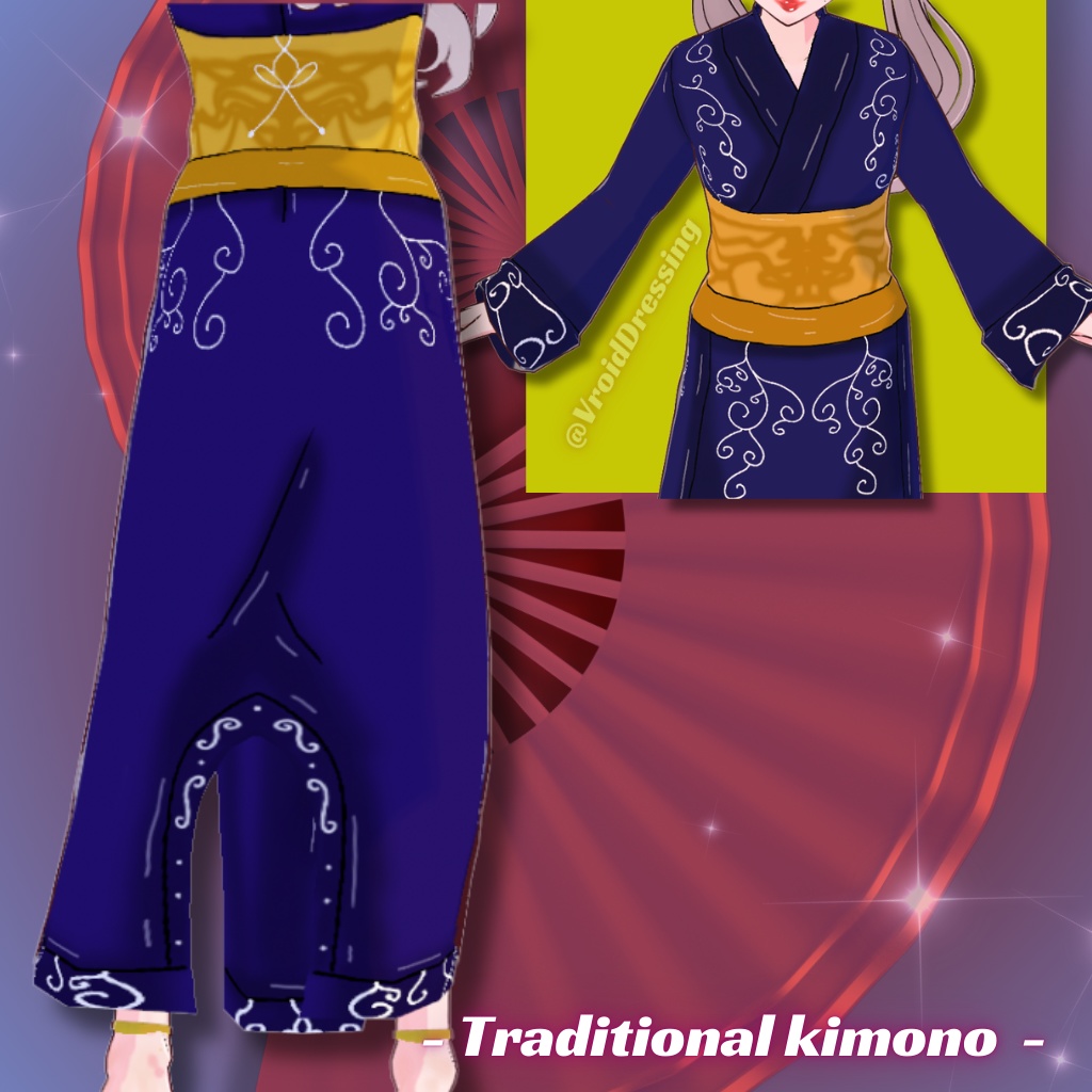 Vroid blue traditional kimono with arabesque patterns