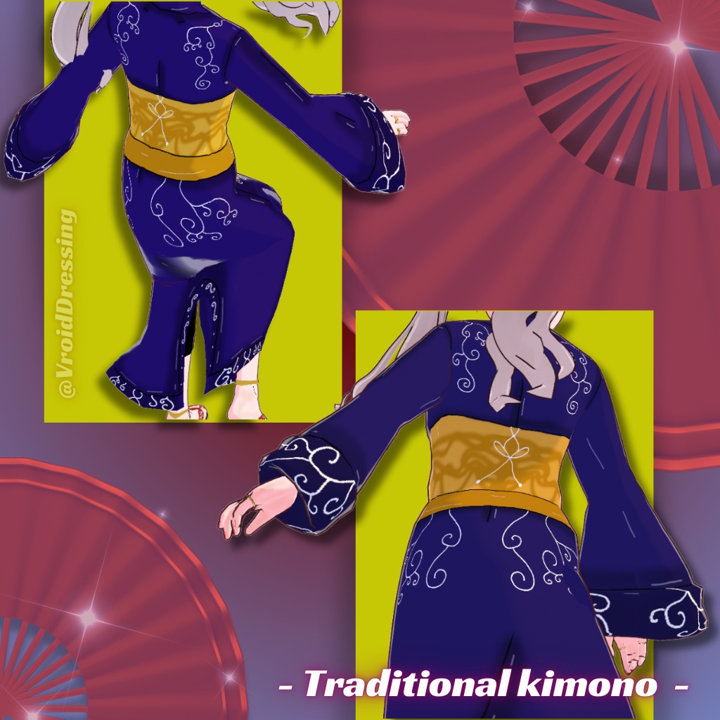 Vroid blue traditional kimono with arabesque patterns