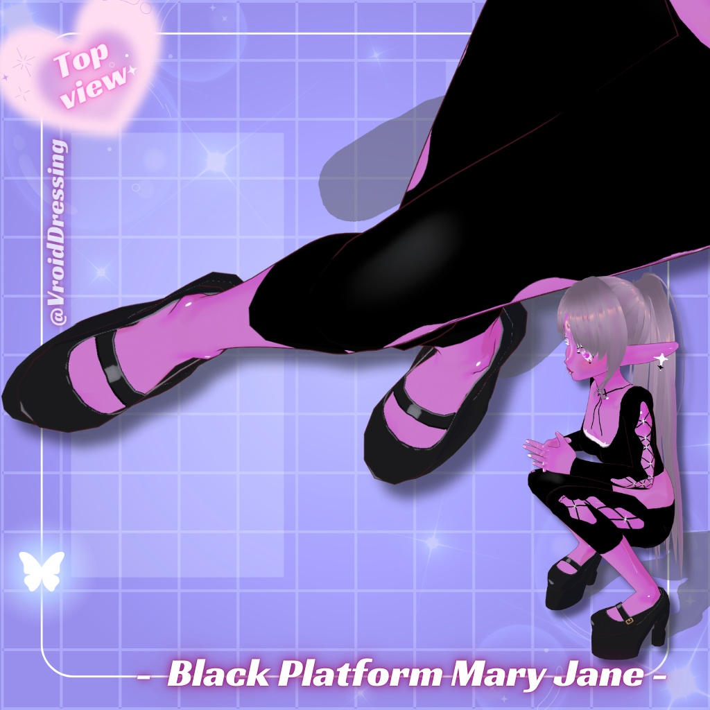 3D Vroid Black Platform Mary Jane Heels shoes