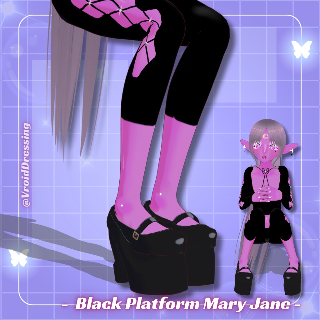 3D Vroid Black Platform Mary Jane Heels shoes