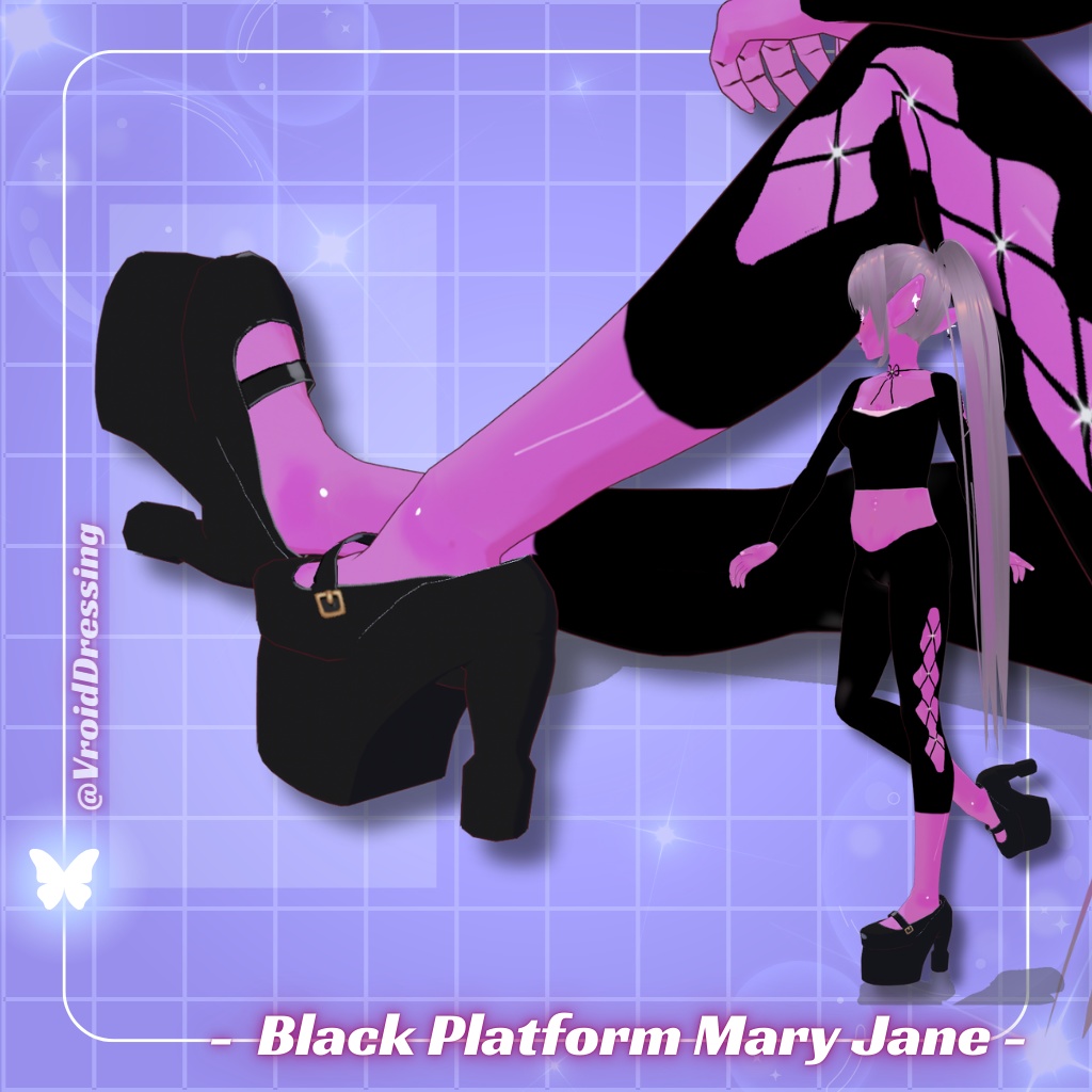 3D Vroid Black Platform Mary Jane Heels shoes