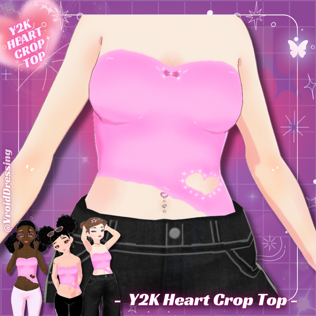【VRoid衣装】Y2K ピンクハート ラインストーン クロップトップ / Y2K Pink Heart Rhinestone Strass Crop Top【カスタムアイテム】#VroidDressing
