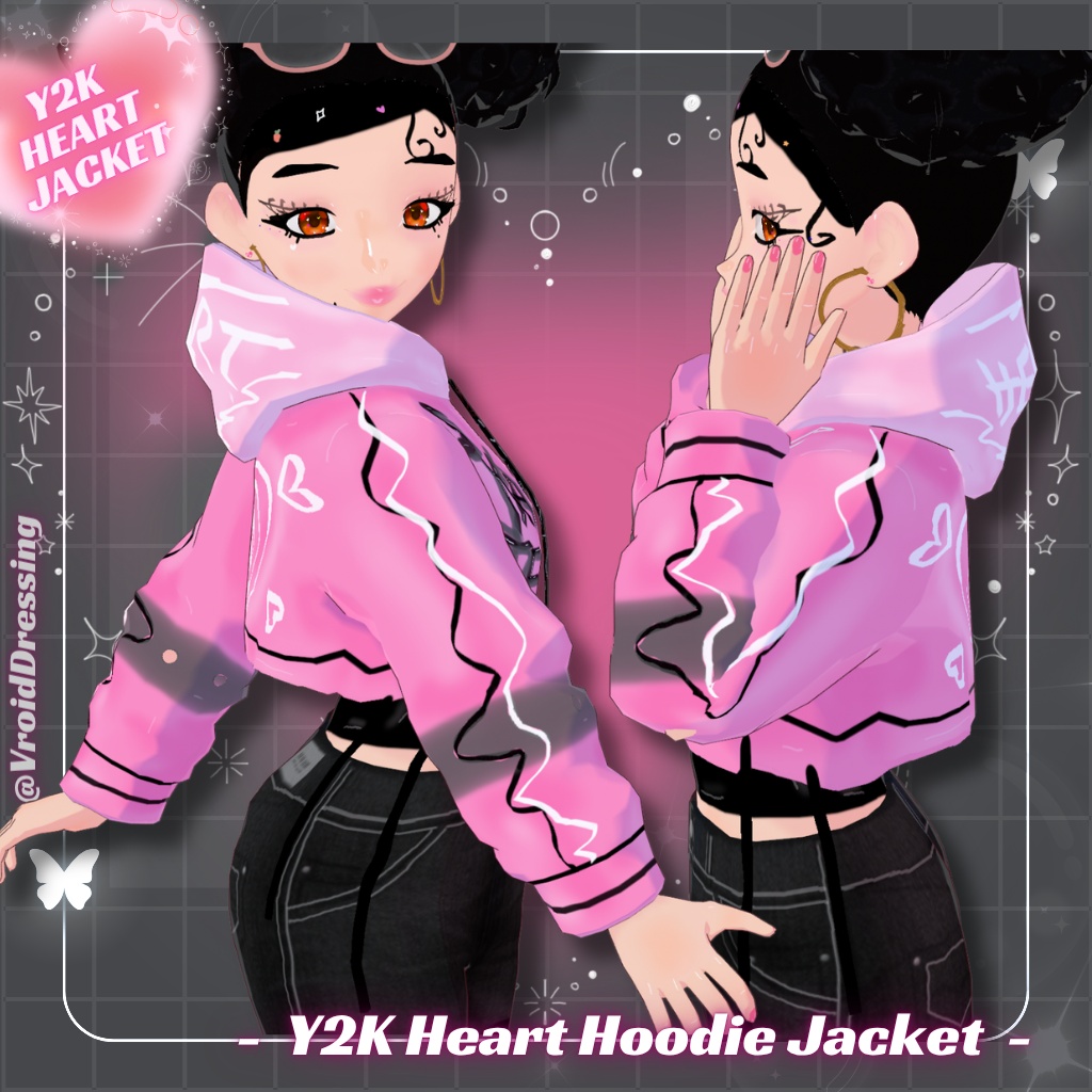 【VRoid衣装】Y2K ハート柄 クロップドパーカー / Y2K Pink Heart Hoodie Jacket【カスタムアイテム】#VroidDressing