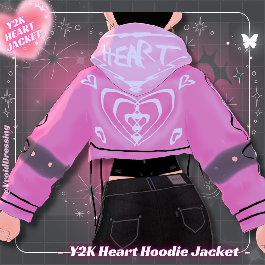 【VRoid衣装】Y2K ハート柄 クロップドパーカー / Y2K Pink Heart Hoodie Jacket【カスタムアイテム】#VroidDressing