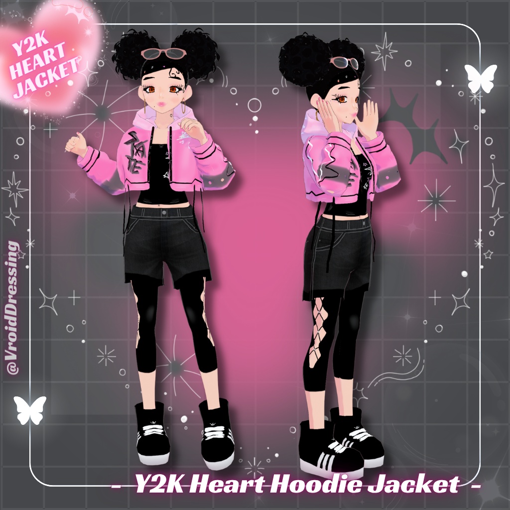 【VRoid衣装】Y2K ハート柄 クロップドパーカー / Y2K Pink Heart Hoodie Jacket【カスタムアイテム】#VroidDressing