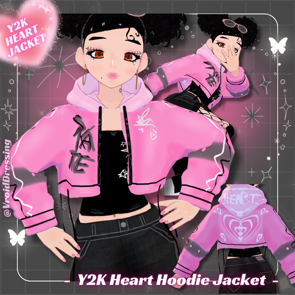 【VRoid衣装】Y2K ハート柄 クロップドパーカー / Y2K Pink Heart Hoodie Jacket【カスタムアイテム】#VroidDressing