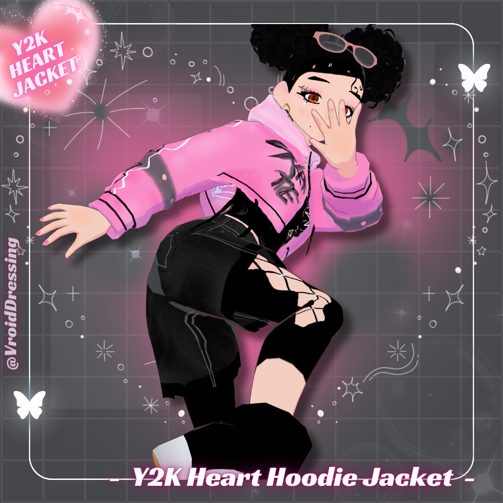 【VRoid衣装】Y2K ハート柄 クロップドパーカー / Y2K Pink Heart Hoodie Jacket【カスタムアイテム】#VroidDressing