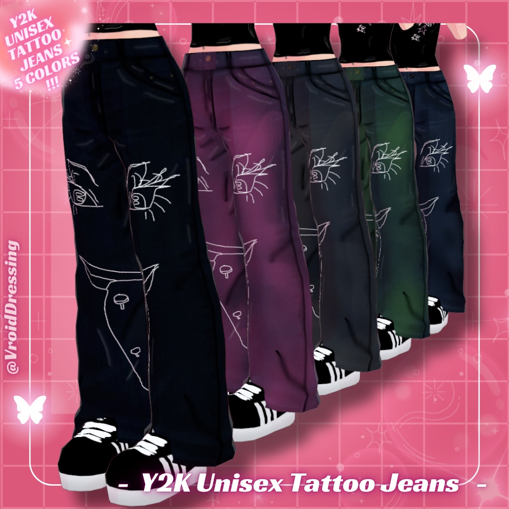 【VRoid衣装】男女兼用 Y2K タトゥー柄 バギーデニムパンツ 全5色 / Y2K Unisex Tattoo Jeans (5 colors)【カスタムアイテム】#VroidDressing