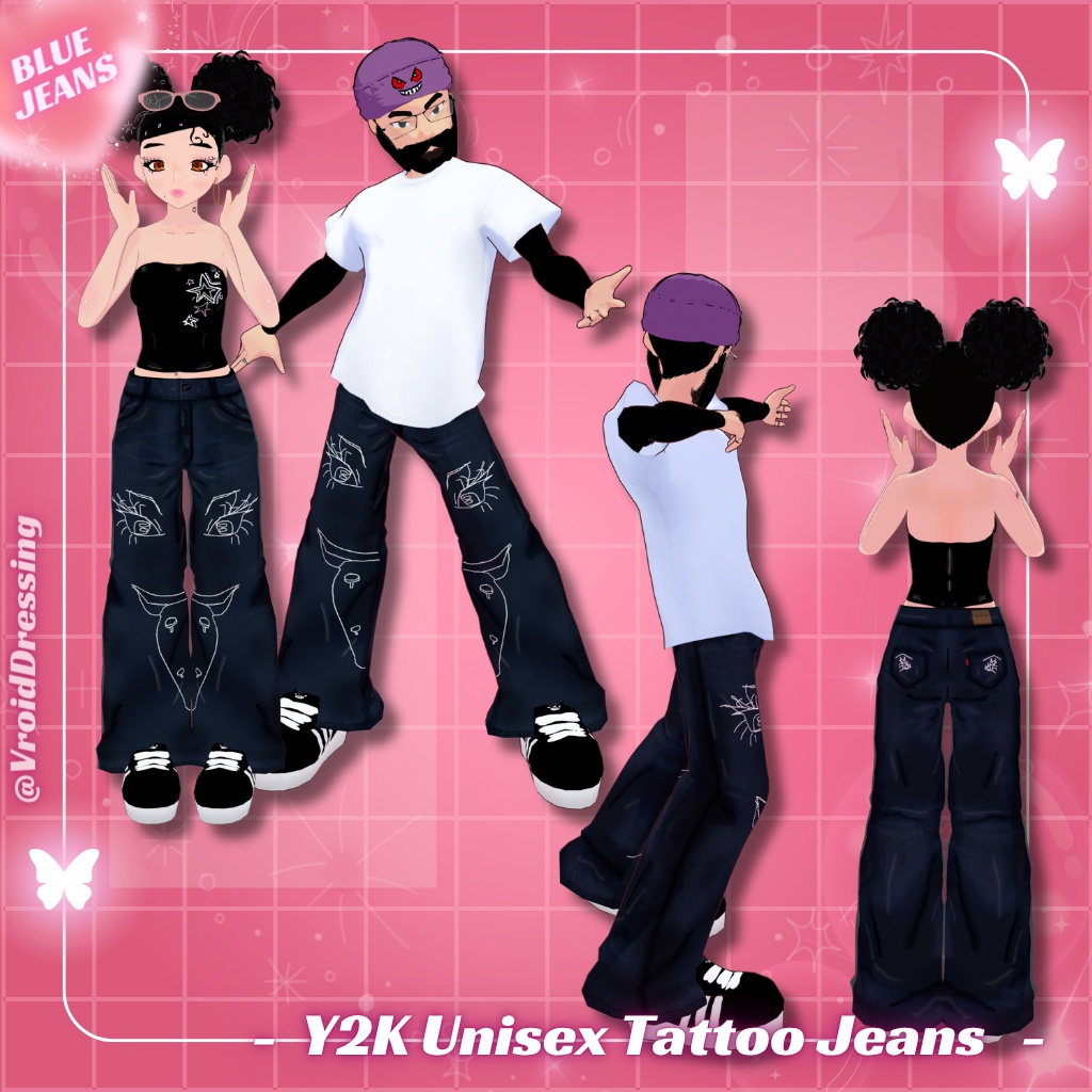 【VRoid衣装】男女兼用 Y2K タトゥー柄 バギーデニムパンツ 全5色 / Y2K Unisex Tattoo Jeans (5 colors)【カスタムアイテム】#VroidDressing