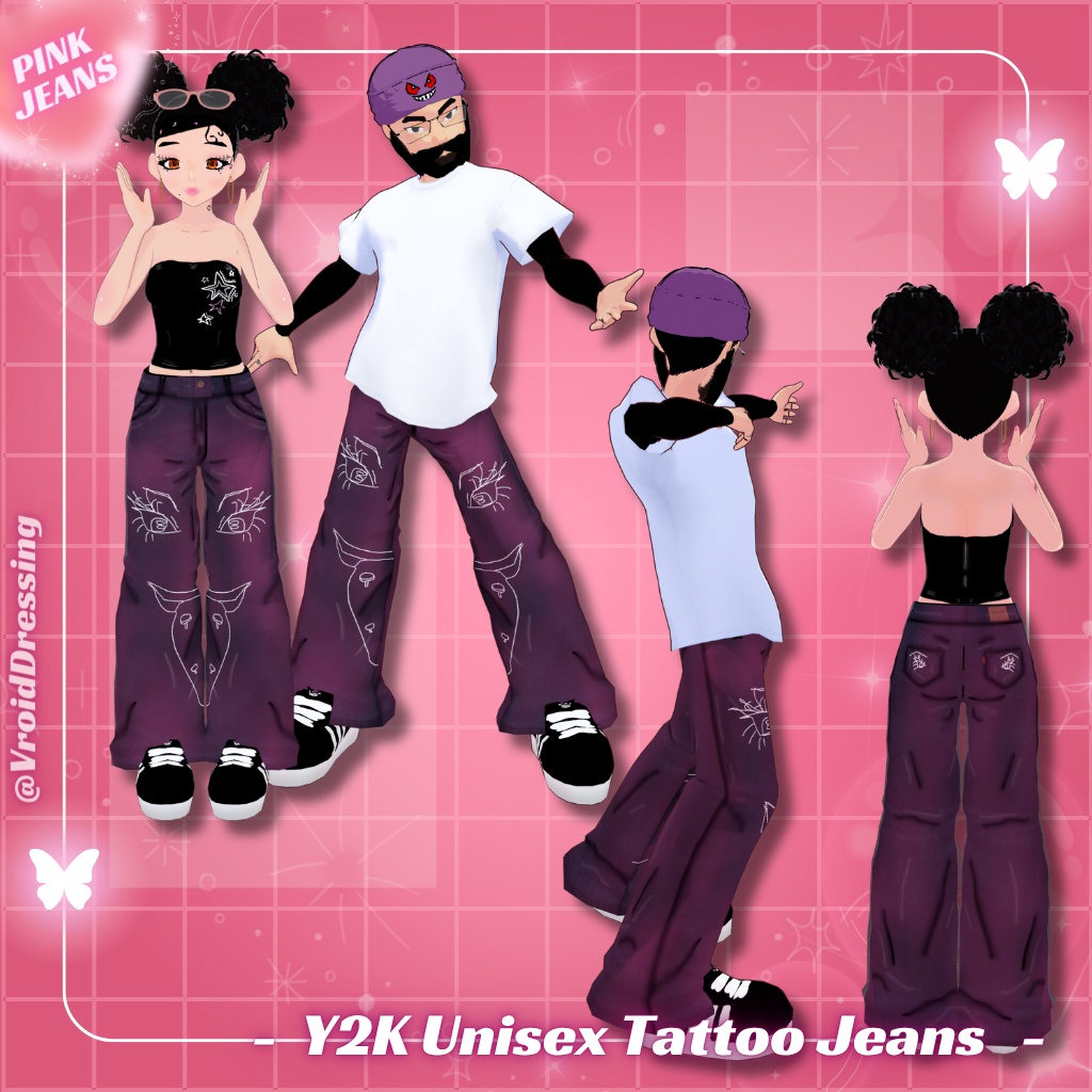 【VRoid衣装】男女兼用 Y2K タトゥー柄 バギーデニムパンツ 全5色 / Y2K Unisex Tattoo Jeans (5 colors)【カスタムアイテム】#VroidDressing