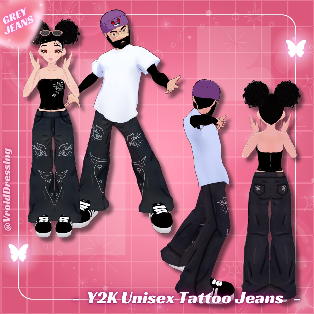 【VRoid衣装】男女兼用 Y2K タトゥー柄 バギーデニムパンツ 全5色 / Y2K Unisex Tattoo Jeans (5 colors)【カスタムアイテム】#VroidDressing