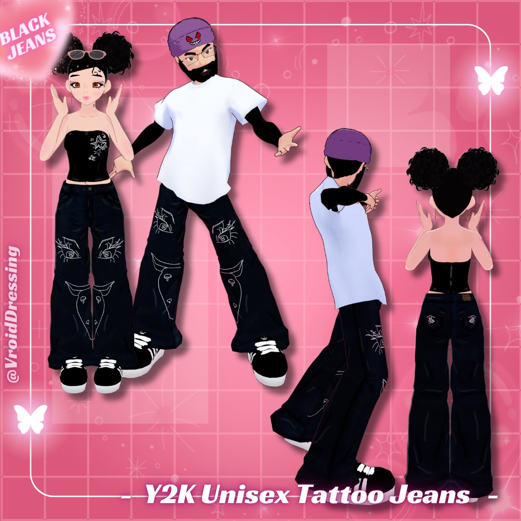 【VRoid衣装】男女兼用 Y2K タトゥー柄 バギーデニムパンツ 全5色 / Y2K Unisex Tattoo Jeans (5 colors)【カスタムアイテム】#VroidDressing