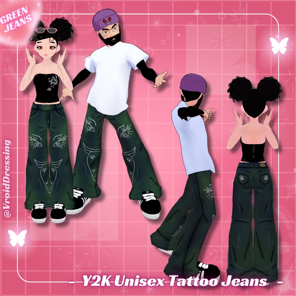 【VRoid衣装】男女兼用 Y2K タトゥー柄 バギーデニムパンツ 全5色 / Y2K Unisex Tattoo Jeans (5 colors)【カスタムアイテム】#VroidDressing