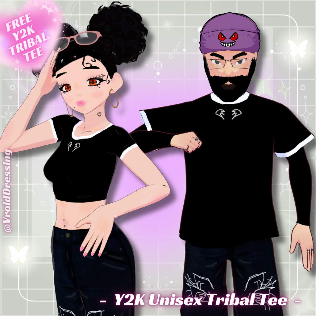 【無料配布】男女兼用 Y2K トライバル柄 リンガーTシャツ 全2種 / FREE Y2K Unisex Tribal Tee (crop + long)【VRoidカスタムアイテム】#VroidDressing