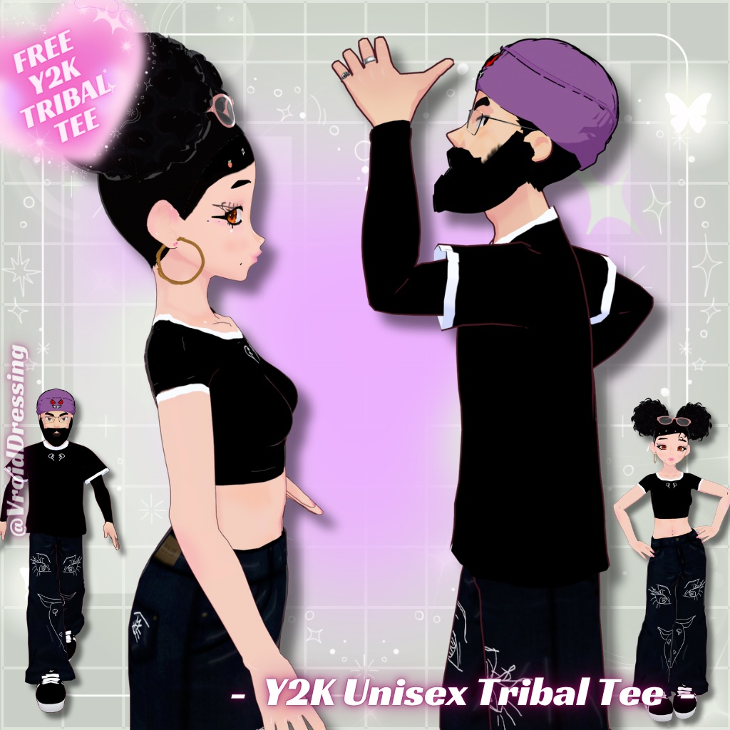 【無料配布】男女兼用 Y2K トライバル柄 リンガーTシャツ 全2種 / FREE Y2K Unisex Tribal Tee (crop + long)【VRoidカスタムアイテム】#VroidDressing