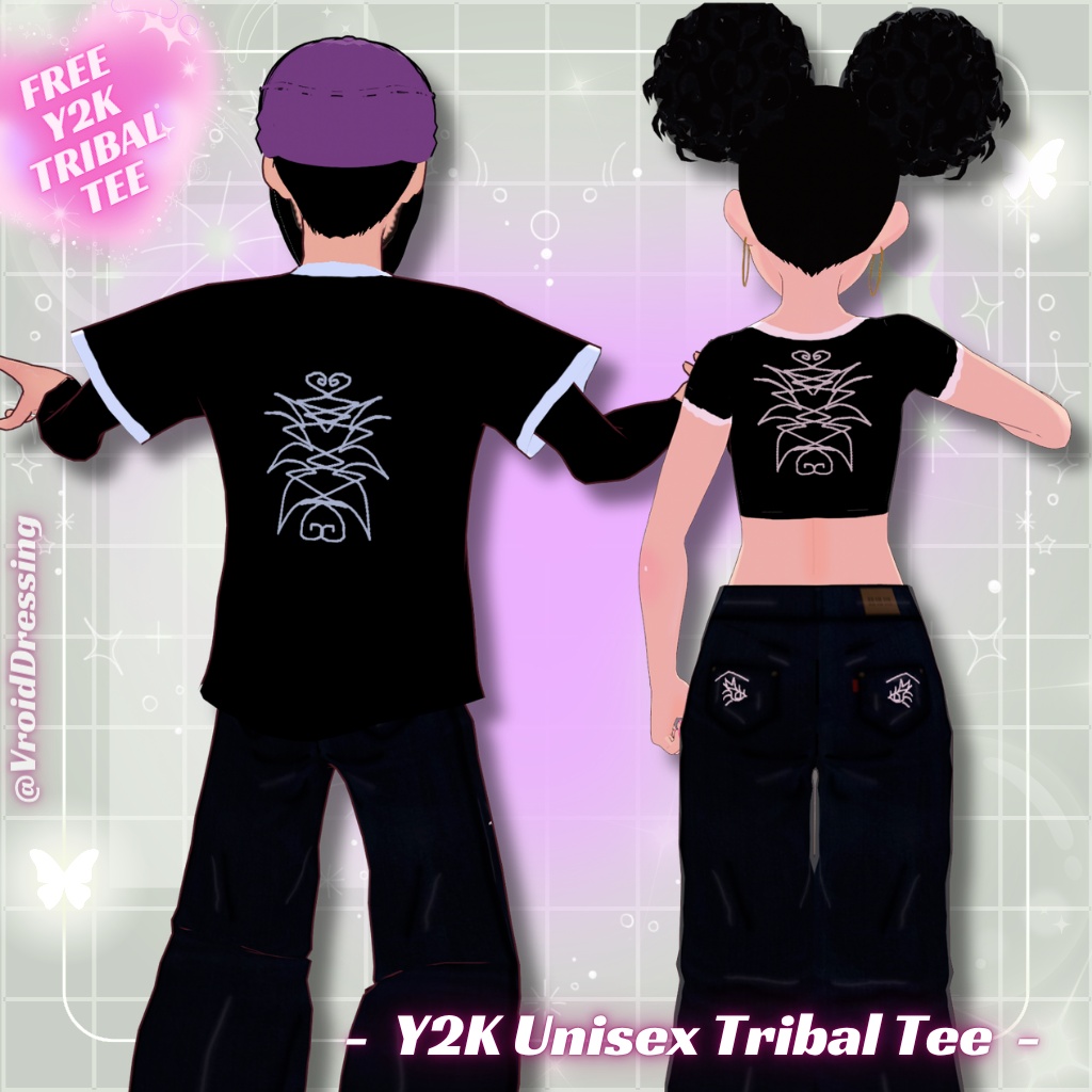 【無料配布】男女兼用 Y2K トライバル柄 リンガーTシャツ 全2種 / FREE Y2K Unisex Tribal Tee (crop + long)【VRoidカスタムアイテム】#VroidDressing