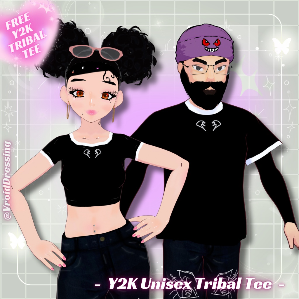 【無料配布】男女兼用 Y2K トライバル柄 リンガーTシャツ 全2種 / FREE Y2K Unisex Tribal Tee (crop + long)【VRoidカスタムアイテム】#VroidDressing