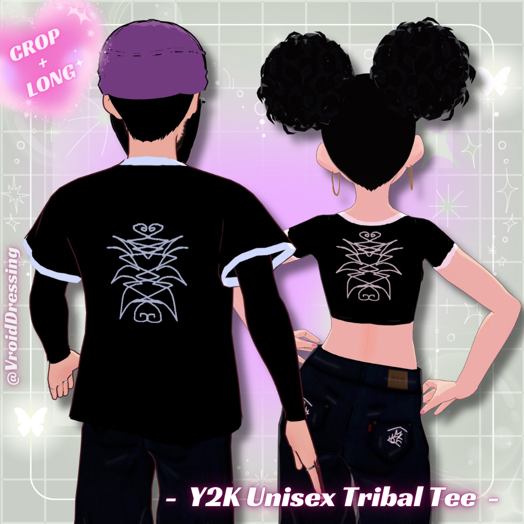 【無料配布】男女兼用 Y2K トライバル柄 リンガーTシャツ 全2種 / FREE Y2K Unisex Tribal Tee (crop + long)【VRoidカスタムアイテム】#VroidDressing